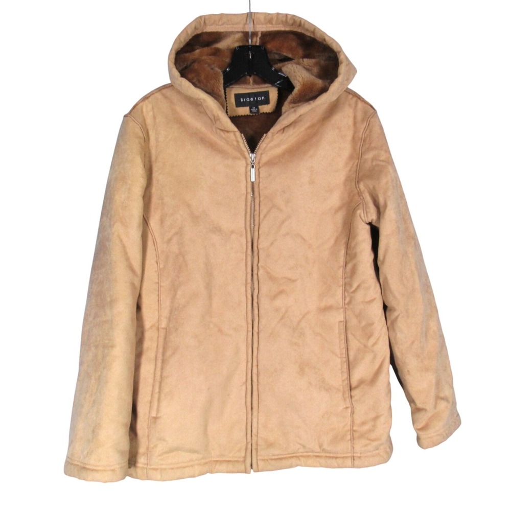 BRAETAN Light Brown FAUX SUEDE Zip/Pockets FAUX FUR LINING Hooded JACKET Sz M